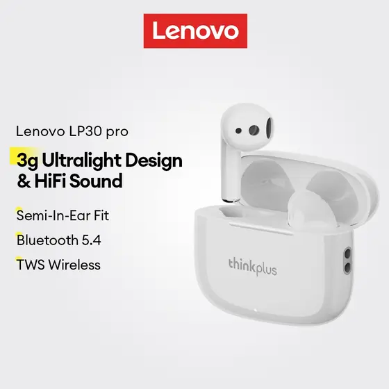 Fones De Ouvido Lenovo LP30 pro TWS E Semi-Intra-Auriculares Sem Fio Com Design Ultraleve 3g Som HiFi Mais Bluetooth 5.4