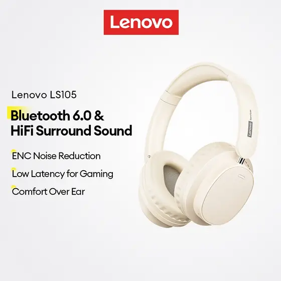 Fone Bluetooth Lenovo LS105 V6.0 Headphone Sem Fio Som Surround HiFi Microfone ENC Gamer Bass
