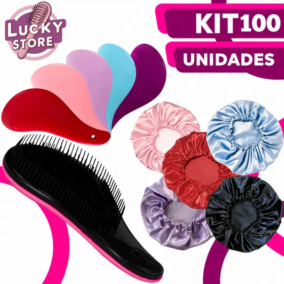 Kit 100 Unidades - 50 Escovas Mágicas e 50 Toucas de Cetim
