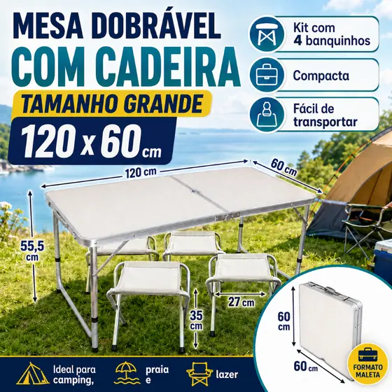 Mesa COM CADEIRA Para Camping E Praia Tipo Maleta Dobrável C/4 Banquetas HW014