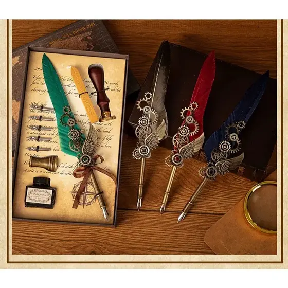 Caneta de Pena Vintage com Tinteiro e Caixa de Presente – Kit Caligrafia Retro Inspirado em Harry Potter