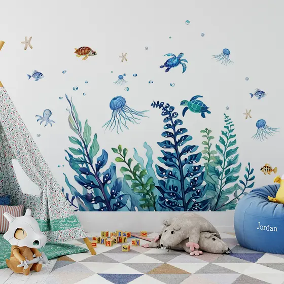 Adesivos de parede mundo subaquático adesivos de parede água-viva tartaruga marinha algas adesivos de parede decoração d