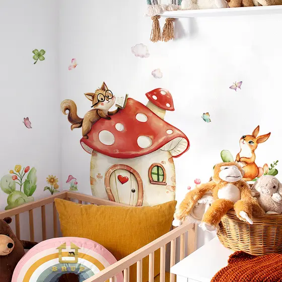 Adesivos de parede raposa cogumelo quarto dos desenhos animados auto-adesivo adesivos de parede rosa decorativo