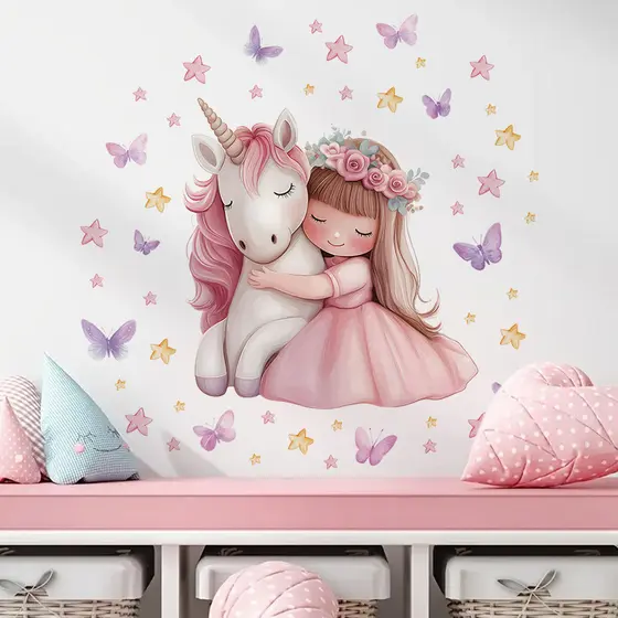 Adesivos de parede flor menina unicórnio borboleta colorida autoadesivo adesivos de parede quentes