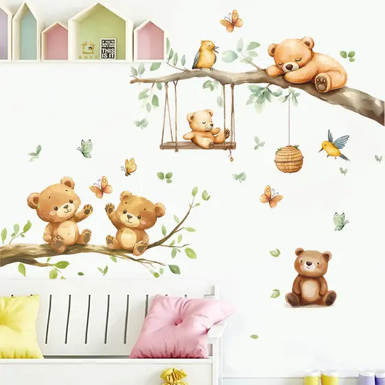 Adesivos de parede bonito boneca urso ramo ramo auto-adesivo dos desenhos animados adesivos de parede decoração do quart