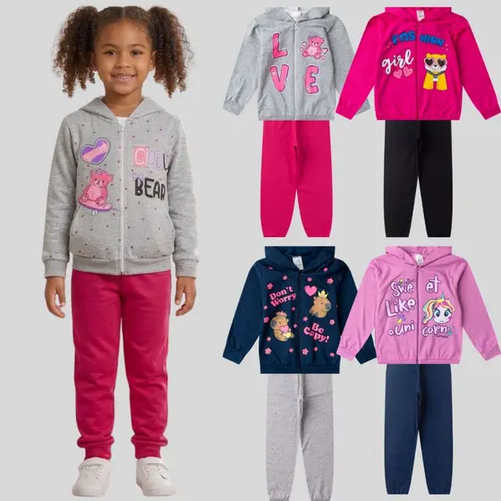 Kit 4 peças Roupa Infantil Menina Calça e Moletom Inverno Conjunto Capuz Zíper Barato Frio Quentinho