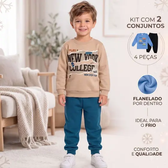 Kit 2 Conjuntos Moletom Infantil Masculino Inverno Flanelado Roupa de Frio Menino 4 Peças 1 ao 8 Ano