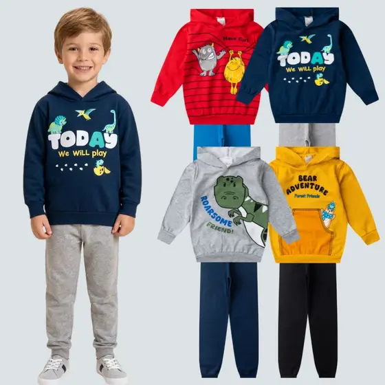 Kit 4 Conjuntos Infantil Menino Moletom Flanelado Calça Blusa Inverno 8 Peças Roupa de Frio Algodão