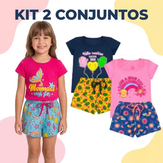 Kit 4 Peças Roupa Infantil Menina Bebe Feminino Blogueirinha Verão Shorts + Camiseta Conjunto 1 ao 8