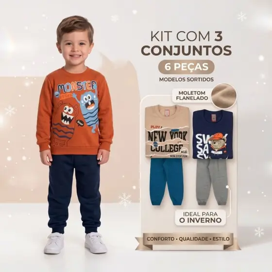 Kit 3 Conjuntos Infantil Masculino Inverno Moletom Menino 6 Peça Casaco Calça Roupa Quentinha 1 ao 8