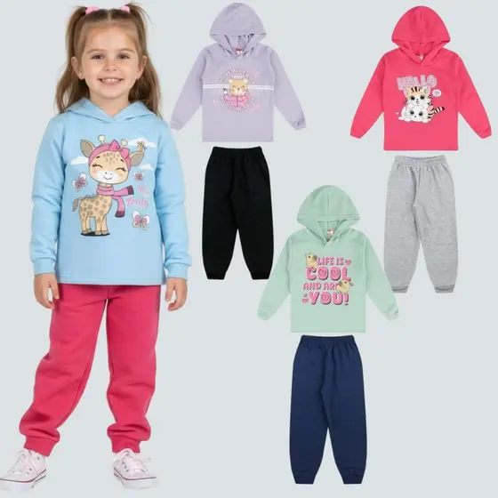 Kit 2 Conjunto Moletom Infantil Inverno Menina Capuz Frio Feminino 04 peça Roupa Bebê Quentinho