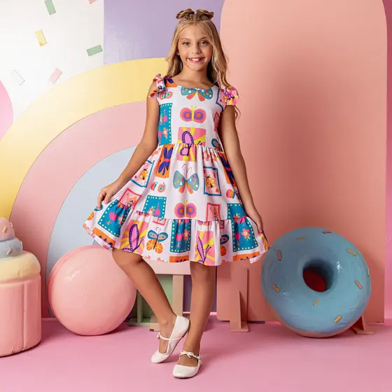 Vestido Branco Infantil Menina Blogueirinha Colorido Casual Festa Delicado Babado Casual 4 a 16 anos