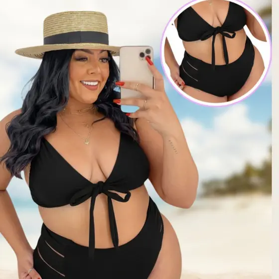 Biquini Conjunto Feminino Plus Size Cintura Alta Modeladora Tiras Laterais Neon Liso Reforçado Praia
