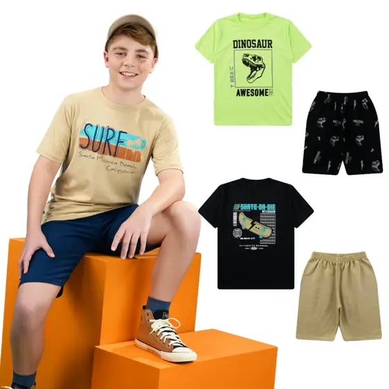 Kit 4 Peças Conjunto Infantil Menino Juvenil Masculino 1 ao 16 Anos Algodão Premium Bermuda Camisa