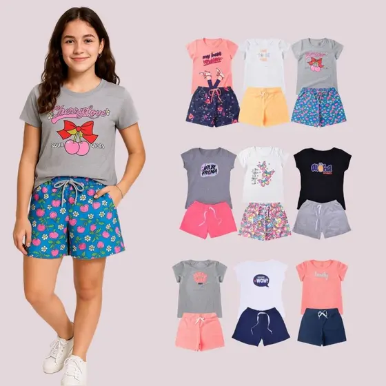Kit 4 Peças Conjunto Infantil Menina Juvenil Short Calça Camiseta Feminino 10 ao 16 anos Sortido