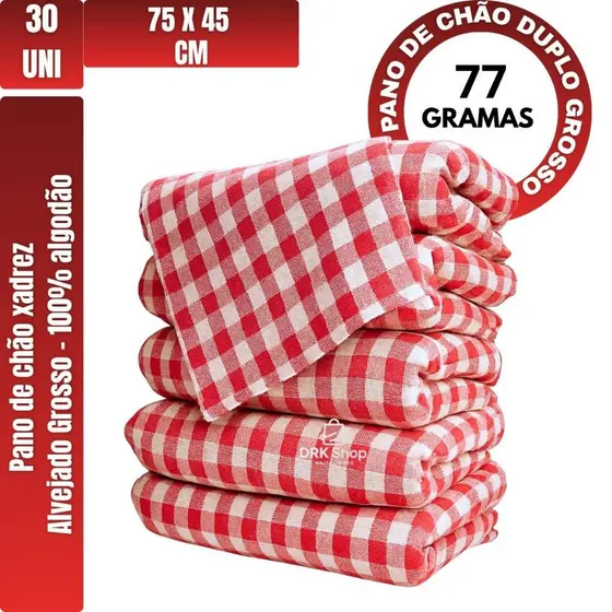 Kit Pano de Chão Xadrez Vermelho 75x45cm 100% Algodão Saco Duplo Costurado Limpeza Geral