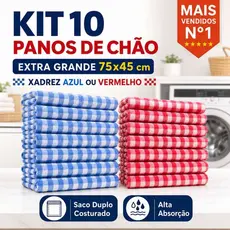 Kit 10 Panos de Chão Extra Grande 75x45cm Xadrez Azul ou Vermelho - Saco Duplo Costurado Alta Absorção