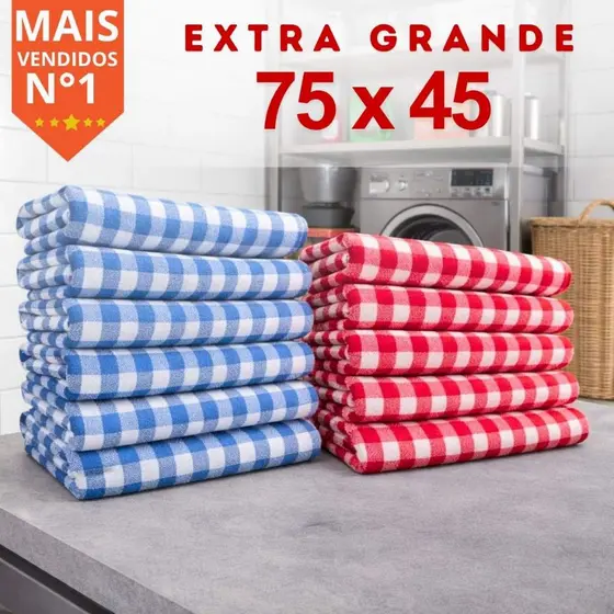 Kit 10 Panos de Chão Xadrez Azul ou Vermelho 75x45cm Saco Duplo Costurado 100% Algodão Alta Absorção