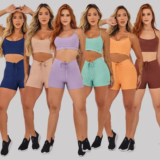 Conjunto Feminino Academia Suplex Top e Short Com Forro Cós Com Cadarço Tecido Canelado AVA Fitness