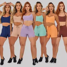 Conjunto Feminino Academia Suplex Top e Short Com Forro Cós Com Cadarço Tecido Canelado AVA Fitness