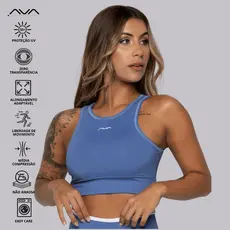 Top Feminino Academia Alta Performance Suplex Poliamida Azul Silk Costas AVA Fitness