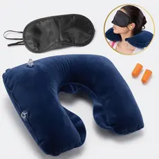 Almofada de Pescoço Inflável Kit Viagem 3 Peças - Travesseiro, Tapa Olho e Ouvido Avião Ônibus confortável