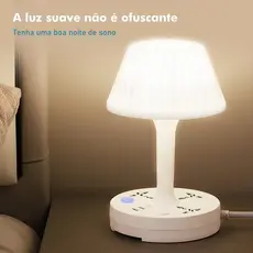 Luminária de Mesa Dupla Voltagem com 3 Tomadas Universais 2 USB 1 TYPE-C Luz Tricolor e Proteção de Circuito 2m