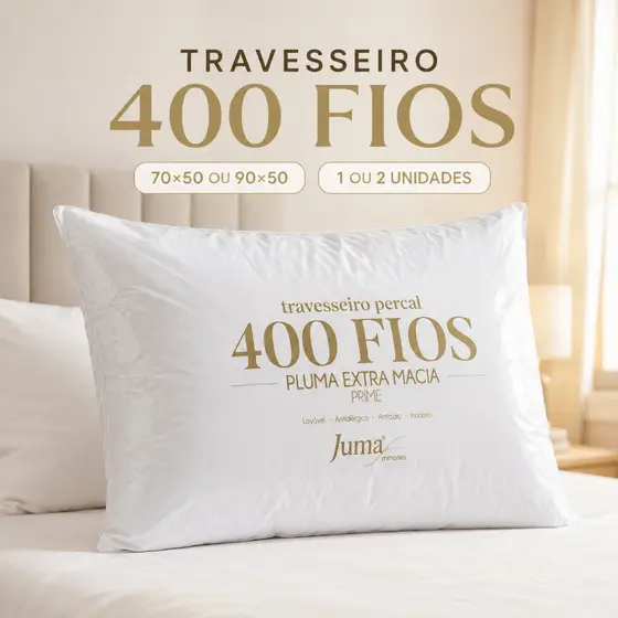 Travesseiro Percal 400 Fios 100% Algodão Toque Pluma Extra Macia de Hotel 5 Estrelas