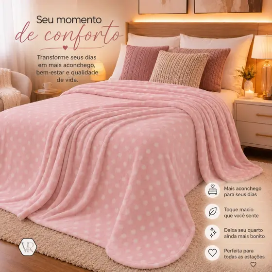 Manta Cobertor Flannel Plush Soft Petit Poá Microfibra 220g/m² Solteiro Casal Queen Inverno