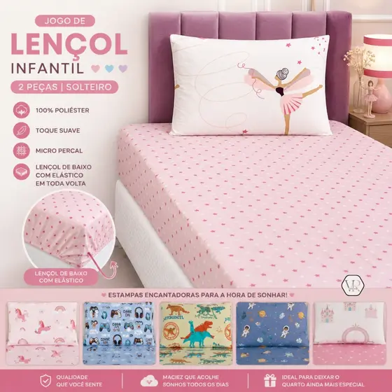 Jogo de Cama Infantil Kit 2 Peças Lençol Solteiro Bouti Kids Micropercal Menino Menina