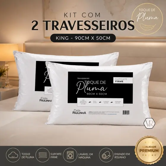 Kit 2 Travesseiros King Toque de Pluma Macio 180 Fios 90 x 50 Suporte Firme Percal