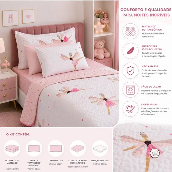 Kit Cobre Leito 4 Peças roupa de Cama Solteiro Infantil C/ Jogo De Lençol 2 Peças