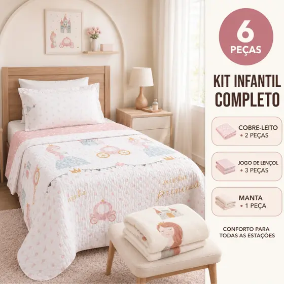 Kit 6 Peças Cobre Leito Infantil + Roupa de Cama Solteiro 3pçs + Manta Flannel kids
