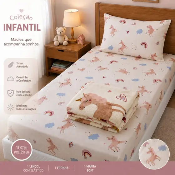 Kit Manta Lencol Coberta Infantil Cobertor Jogo De Lençol 2 Peças Pecas Solteiro