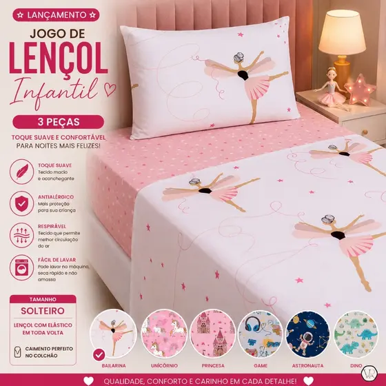 Jogo de Lençol Infantil Cama SOLTEIRO 3 Peças Estampado
