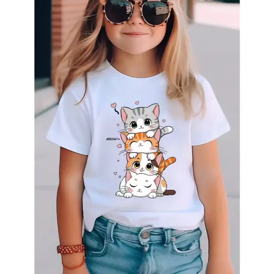 Camiseta Meninas com estampa de Gatinhos Blusa Feminina Infantil Blusinhas Infantil Estampada Camiseta Branca Infantil