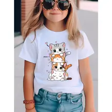 Camiseta Meninas com estampa de Gatinhos Blusa Feminina Infantil Blusinhas Infantil Estampada Camiseta Branca Infantil