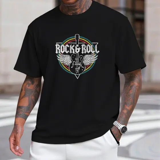 Blusa Masculina Manga Curta com Estampa de Guitarra Camiseta de Rock in Roll  T-shirt Promoção
