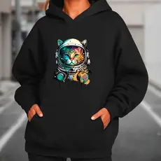 Blusa de Moletom Feminino Estampa de Gato Astronauta Tigre Inverno Abrigo de Frio Flanelado Algodão Touca Bolso Canguru