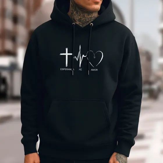 Moletom Blusa Masculins de Frio Estampa Jesus Gospel Casaco Flanelado de Algodão Bolso Canguru com Touca