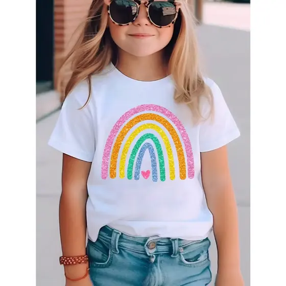Camiseta Branca para Meninas Moda Infantil Blusinhas Infantil com Estampa de Arco Iris Blusa Meninas