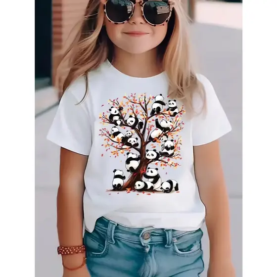 Camiseta Infantil Blusa Branca para Meninas com estampa de Pandinhas Camiseta Meninas
