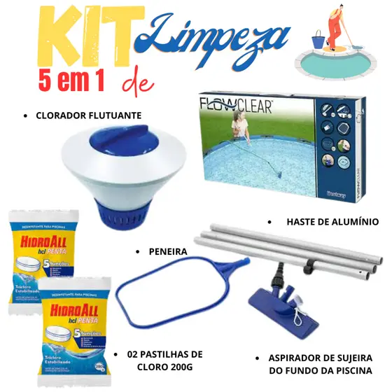 KIT DE LIMPEZA P/ PISCINAS 5 EM 1 C/ ASPIRADOR, HASTE, PENEIRA, CLORADOR E 02 PASTILHAS DE 200G.