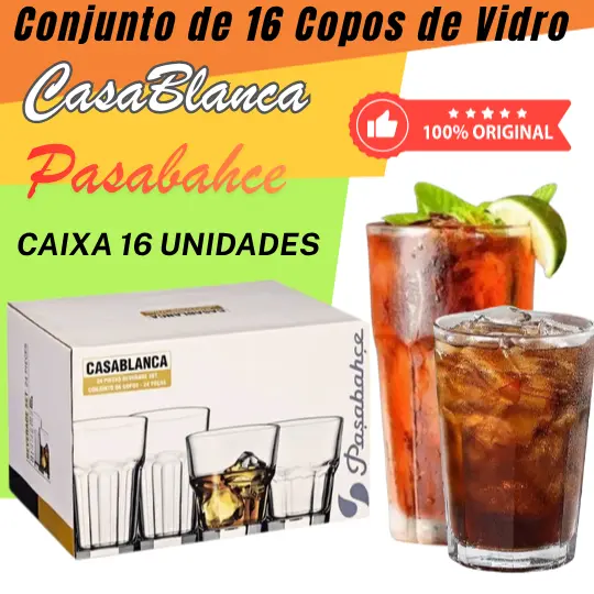 Conjunto de Copos de Vidro Temperado Casablanca Pasabahce – Caixa c/ 16 Unidades (355ml / 415ml)