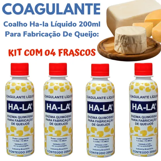 Coalho Líquido Ha-La 200 ml - 04 Frascos de Coagulante para Fabricação de Queijos.