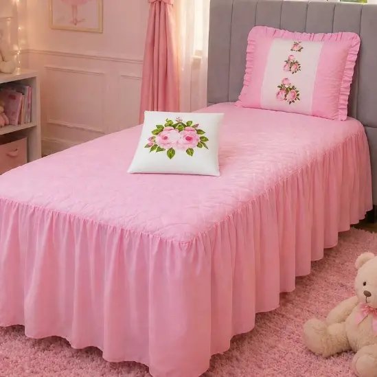 SOLTEIRO Colcha Cobre Leito Conjunto Sofia Rosa - 03 Peças com Porta Travesseiro e Porta Almofada