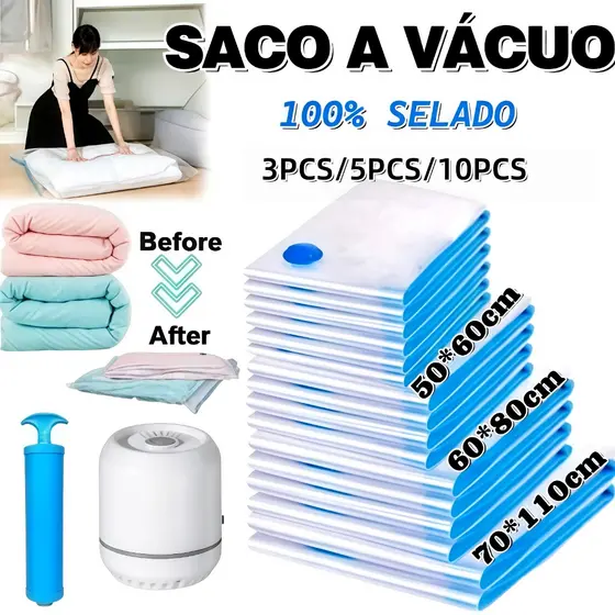 KIT3/5/10 Saco a Vacuo COM ou SEM Bomba Organização de Roupas Mala Viagem Guarda Roupas Edredom Cobertor Vários Tamanhos