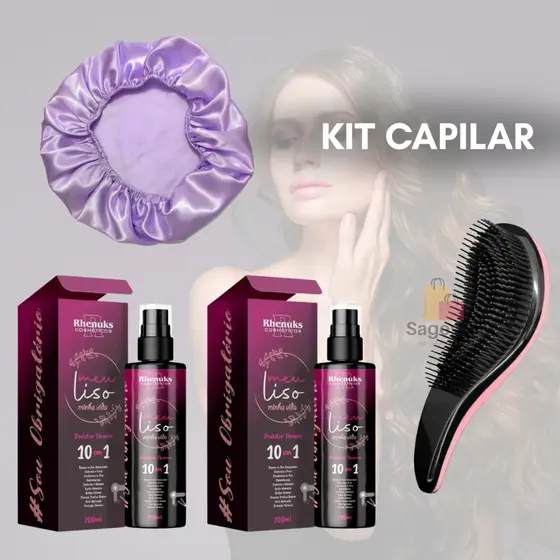 Kit Capilar - 2 Spray Protetor Térmico Meu Liso + 1 Escova Magica + 1 Touca de Cetim