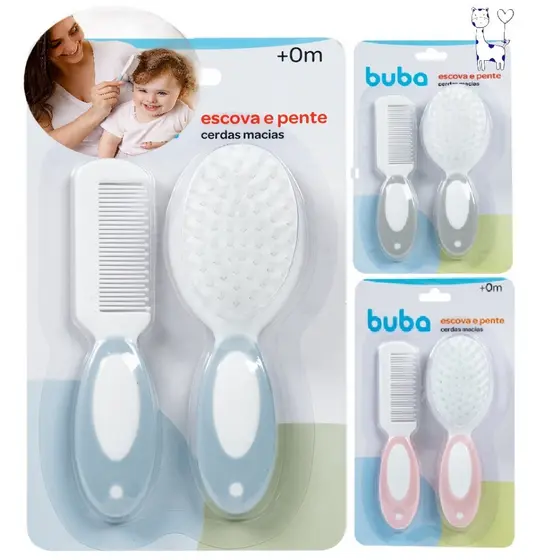 Kit Escova e Pente para Bebê Buba Cerdas Macias, Higiene e Cuidados com o Cabelo Infantil