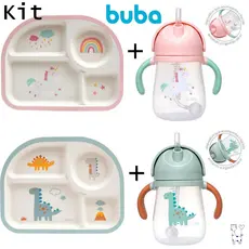 Kit Alimentação Infantil Buba – Copo Canudo + Prato Divisórias Dino/Unicórnio Bebê